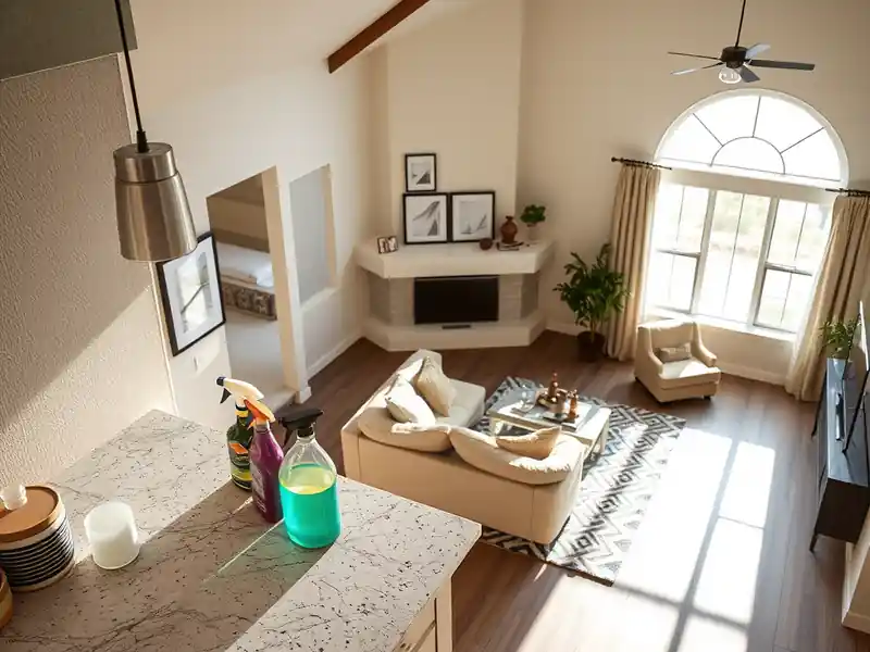 Illustration of close-up of materials and finishes of clean bright living room with cleaning supplies on a counter, as found